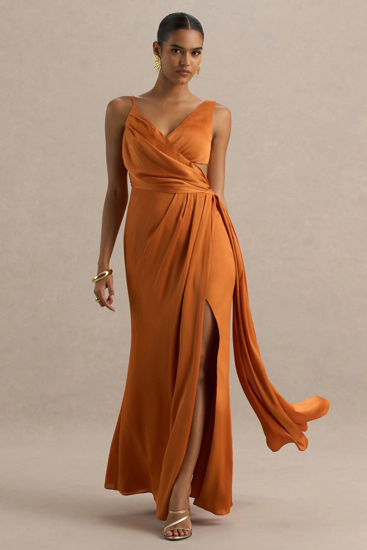 Livia Orange Plunge Neck Fishtail Maxi Dress