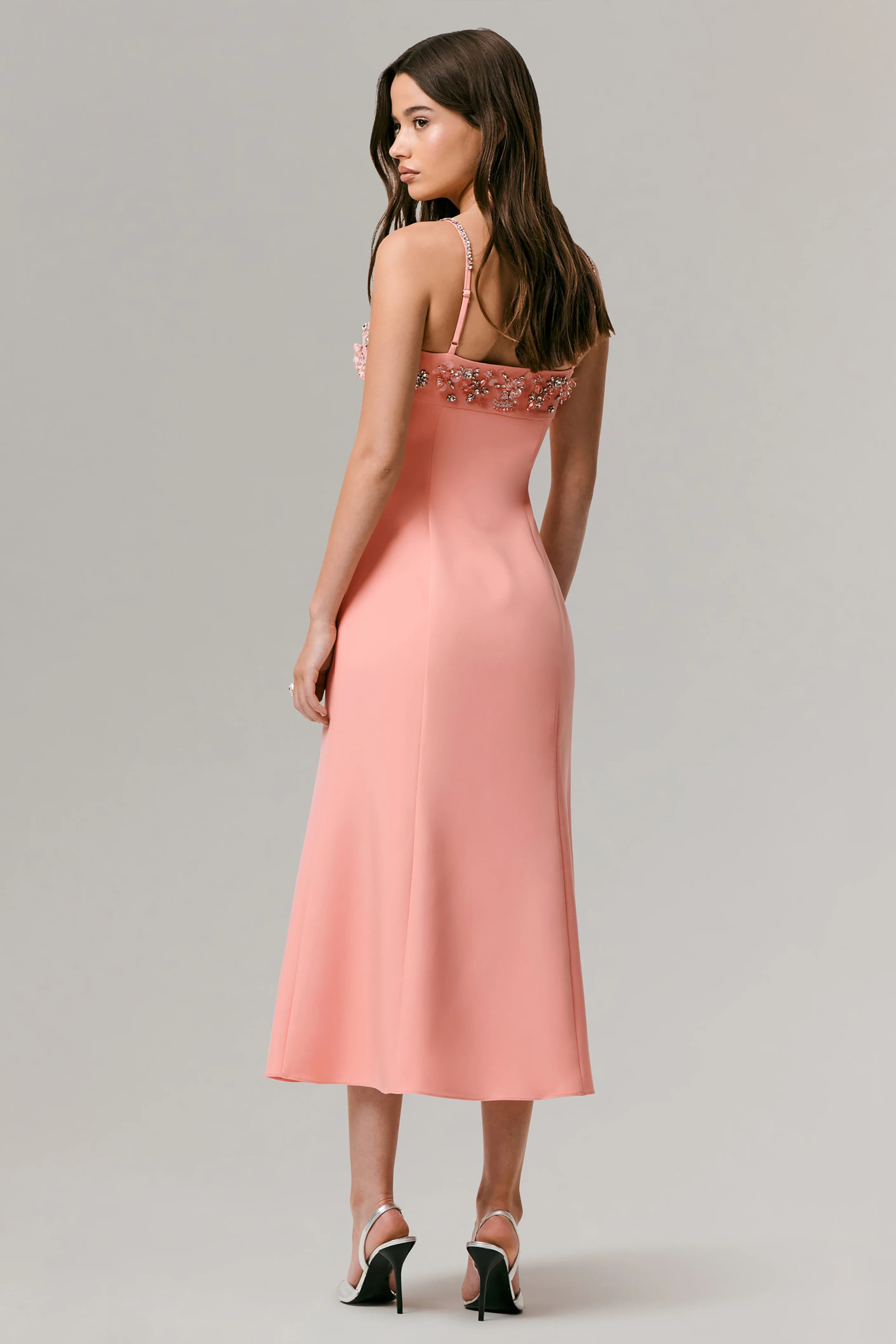 One To Remember Coral Square Neck Embellished Midi Dress