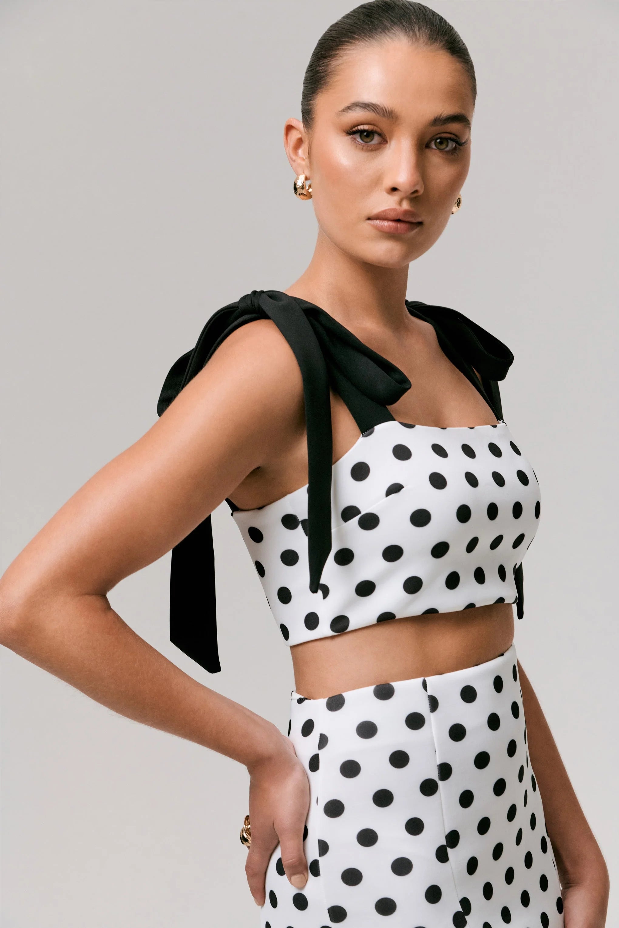 Phoebe Black White Polka Dot Crop Top With Tie Straps Tie