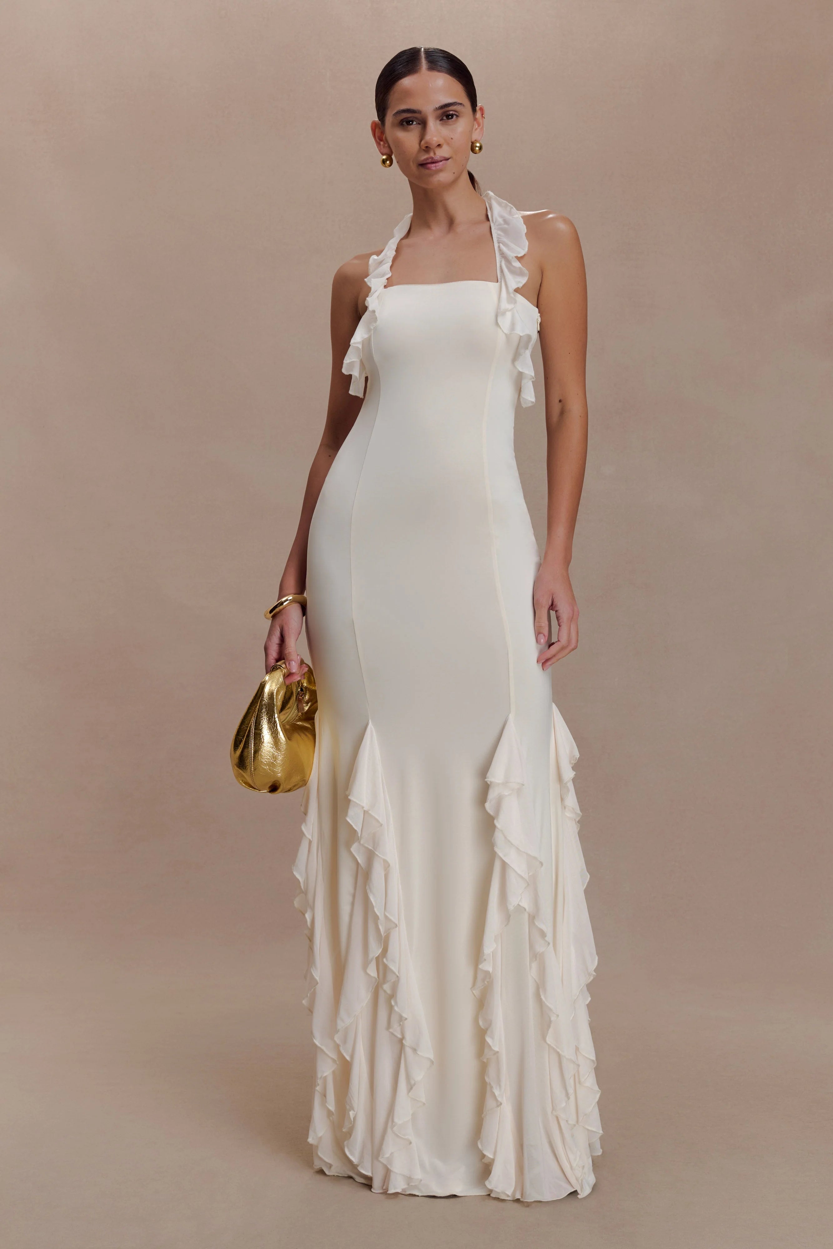 Etta Ruffle Slinky Maxi Dress Ivory