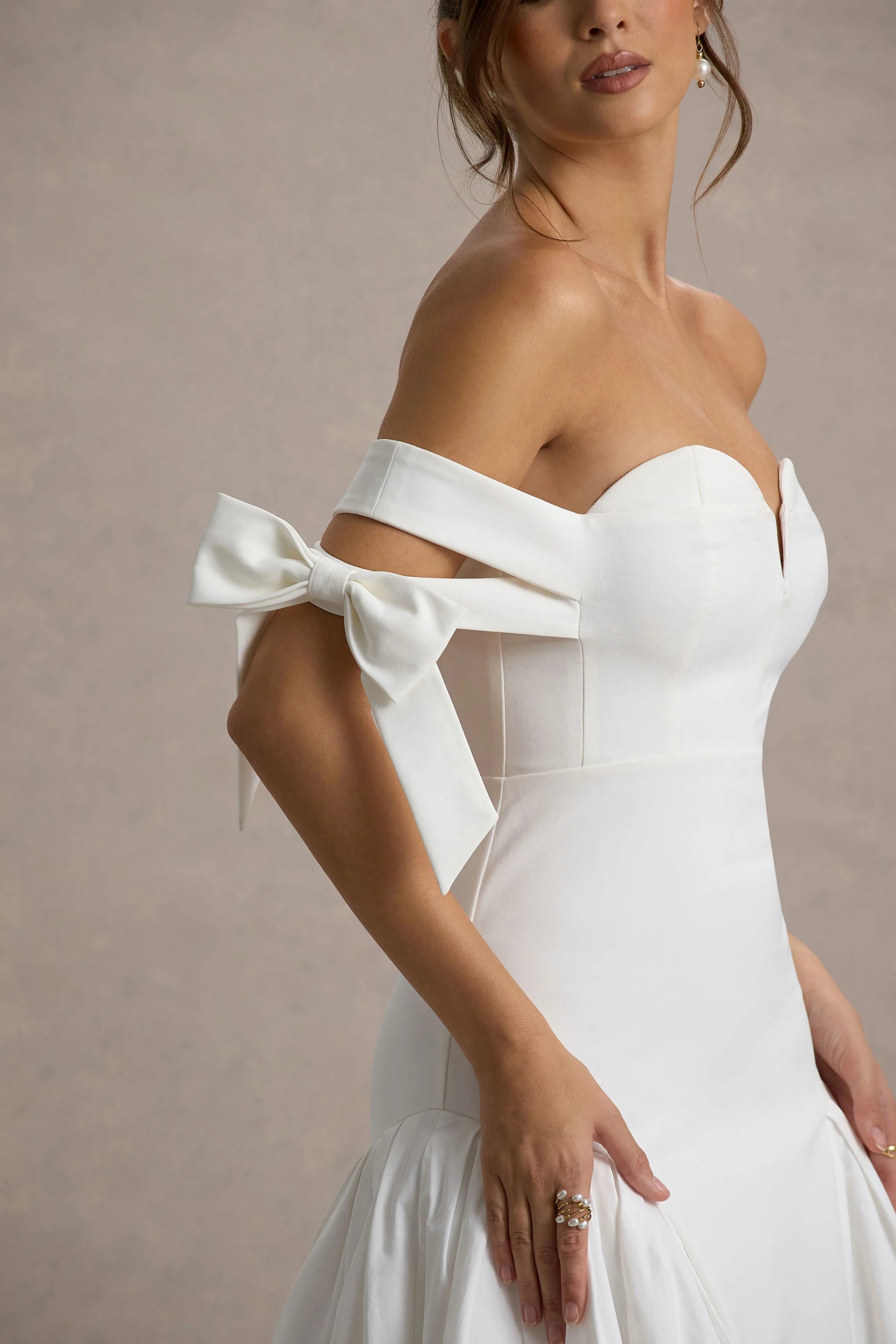 Ethel White Cream Bardot Maxi Dress With Volume Skirt