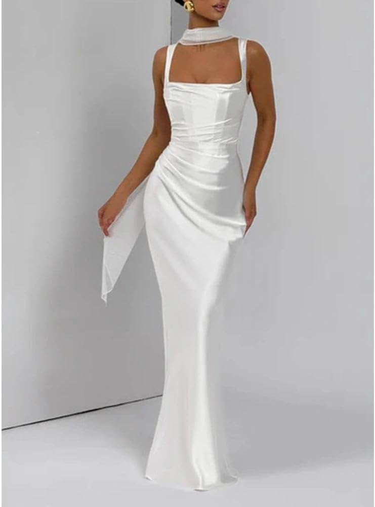 Women Wedding Guest Dress Satin Corset Top Elegant Maxi Dresses with Sheer Scarf Evening Gown