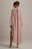 Delphia Pale Pink High Neck Maxi Dress With High Low Hem