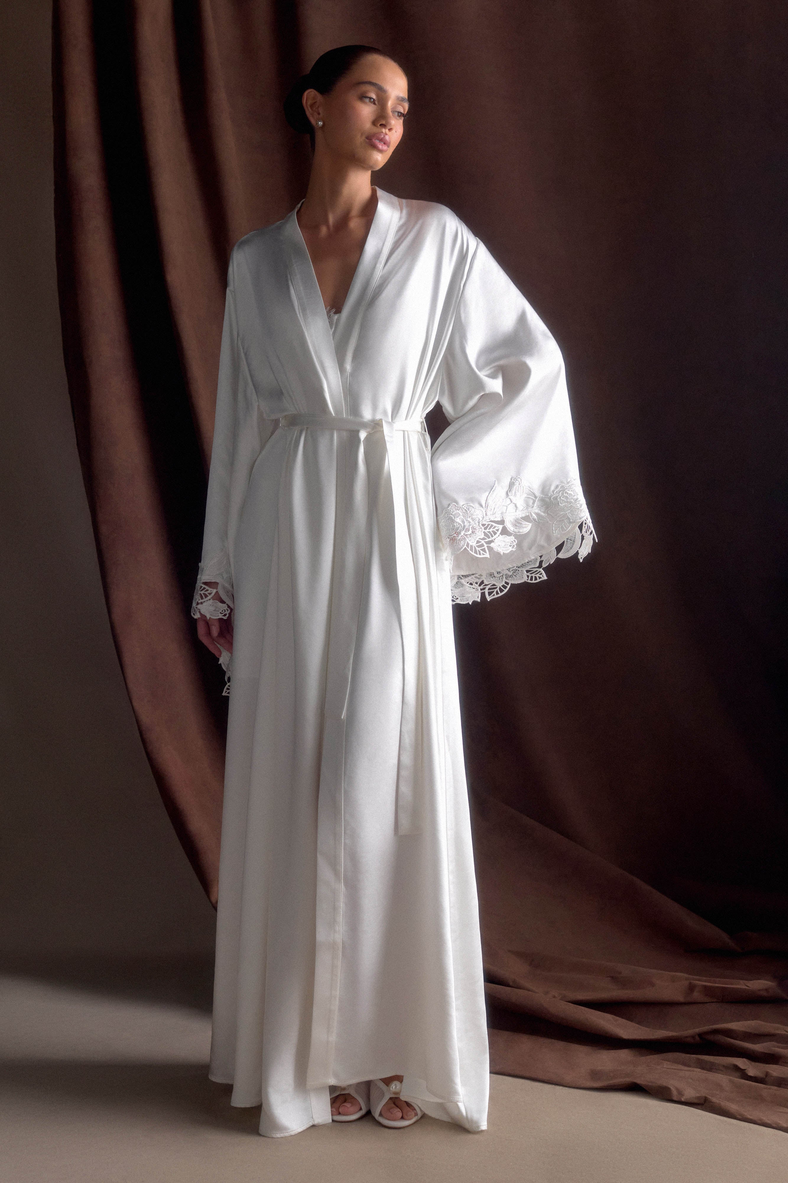 Sullivan Satin Bridal Robe With Lace Ivory