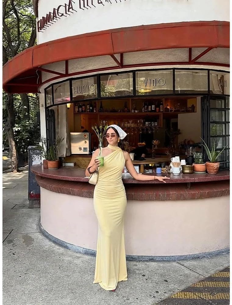 Women Sexy Backless Dress Halter Cut Out Bodycon Maxi Dresses Wedding Guest Beach Vacation