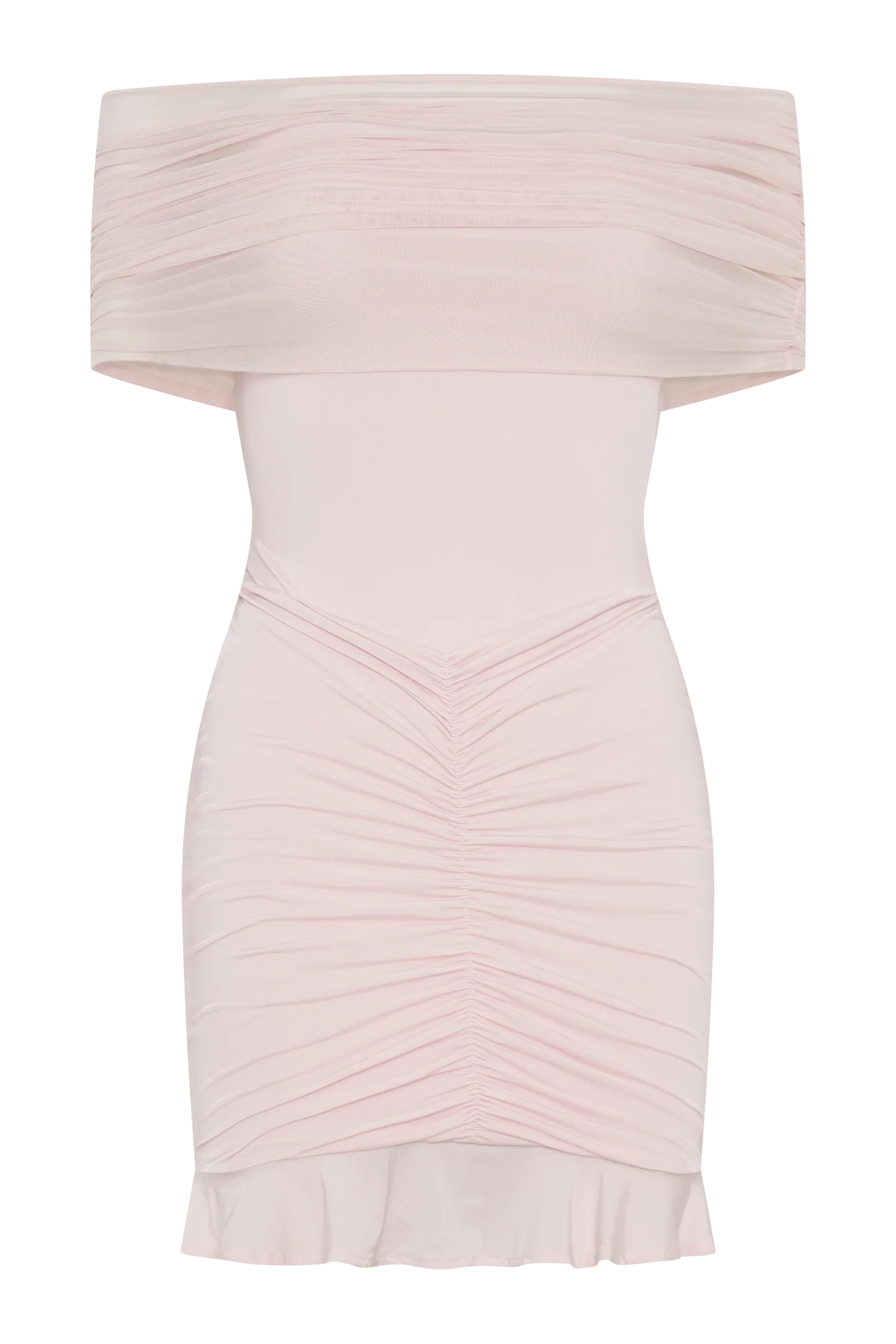 Caspian Slinky And Mesh Off Shoulder Mini Dress Pale Pink