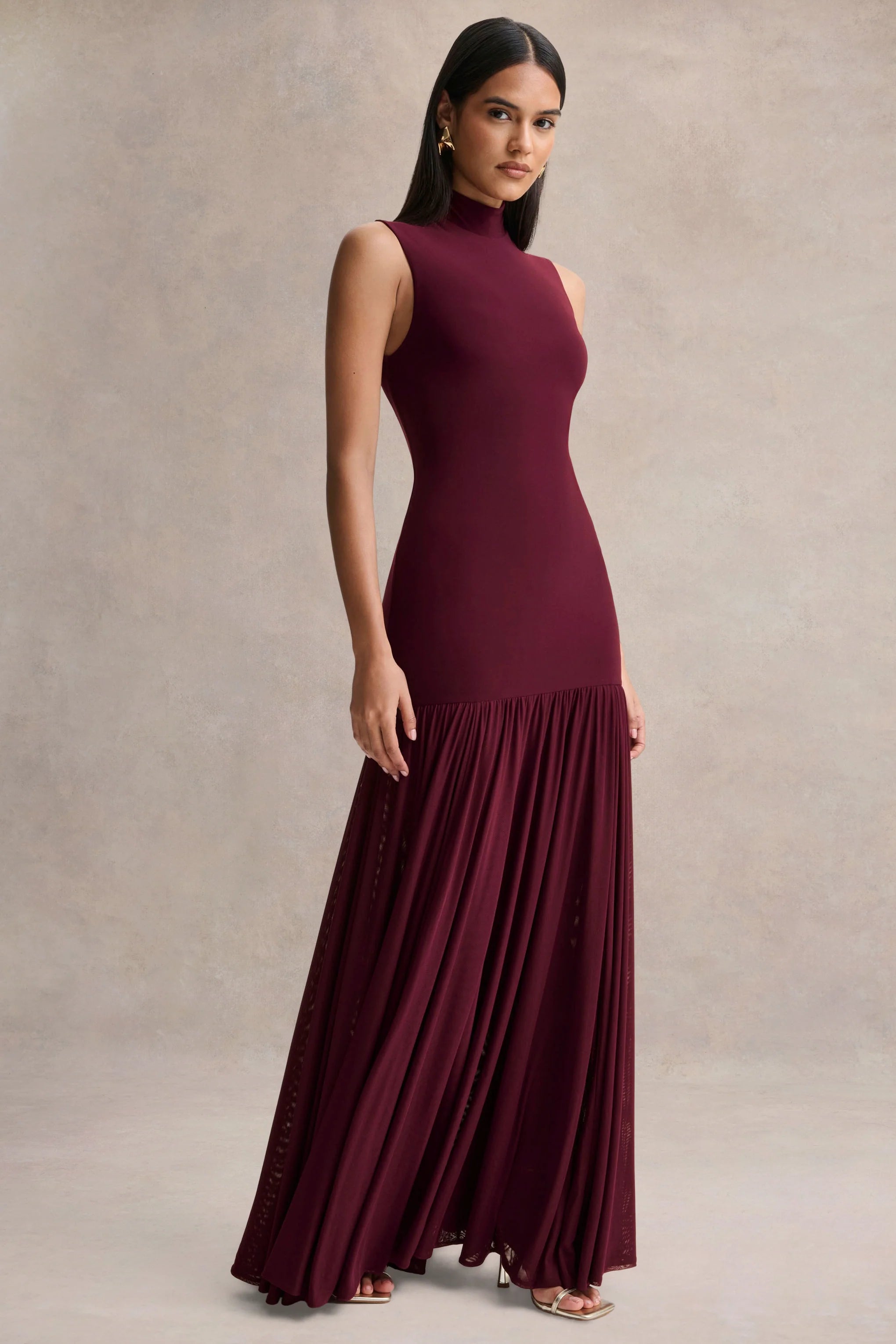 Gigi Burgundy High Neck Maxi Dress With Drop Waist And Sheer Skirt