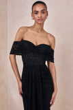 Aries Black Lace Bardot Neck Maxi Dress With Gathered Detailing