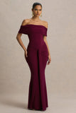 Envisioned Burgundy Bardot Neck Maxi Dress With Gathered And Drape Detail