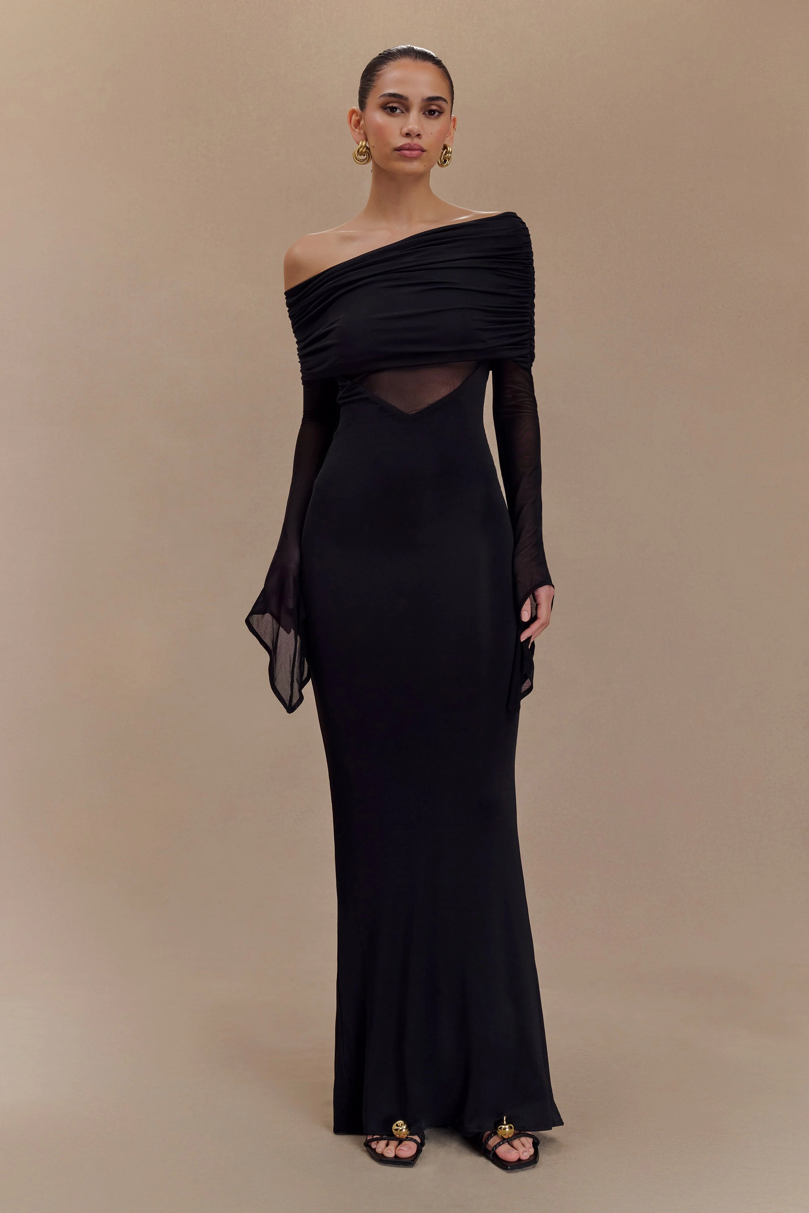 Kaitlin One Shoulder Slinky And Mesh Maxi Dress Black