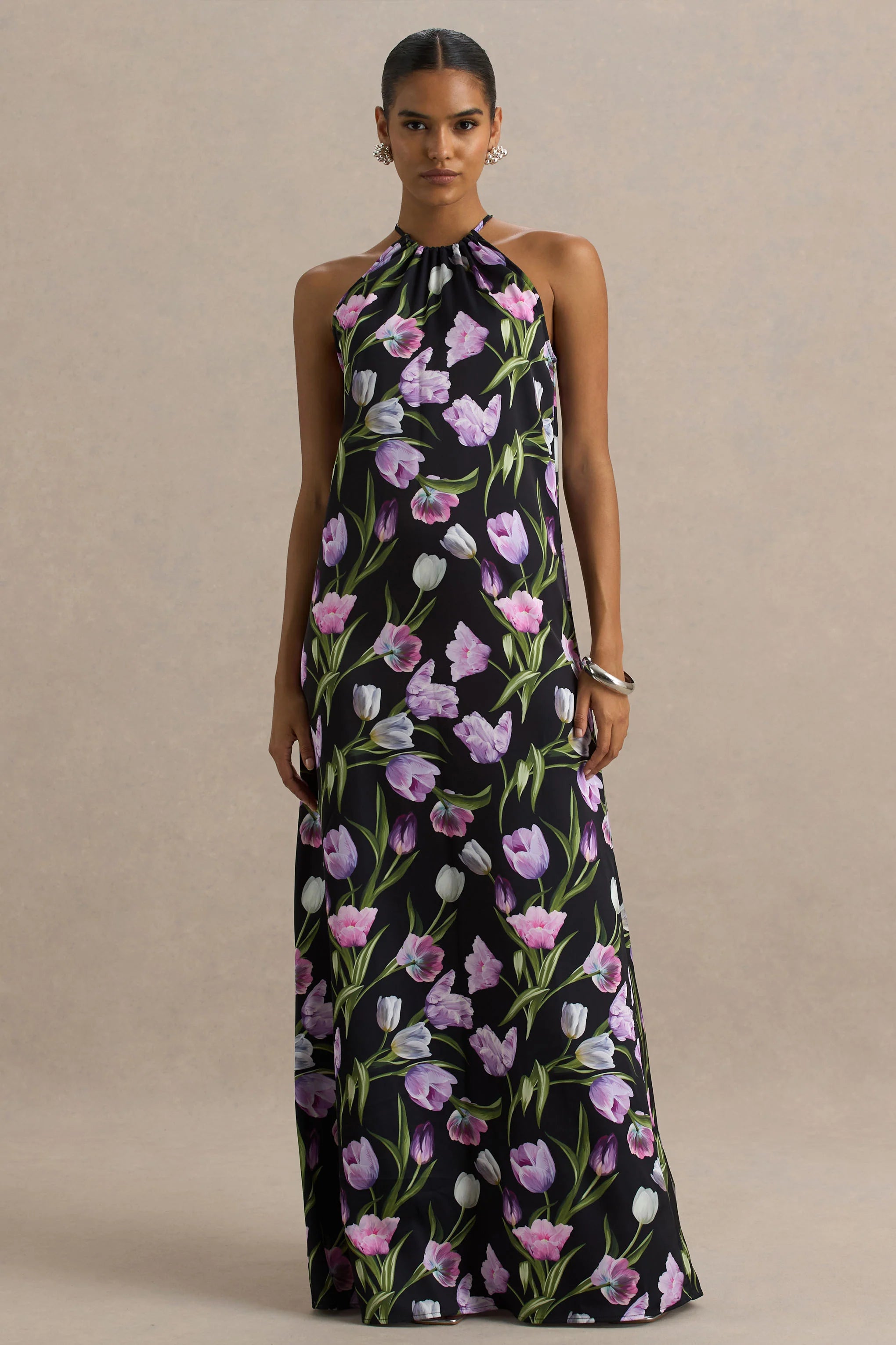 Svana Black Satin Floral Asymmetric Halter Neck Maxi Dress