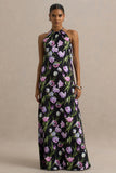 Svana Black Satin Floral Asymmetric Halter Neck Maxi Dress