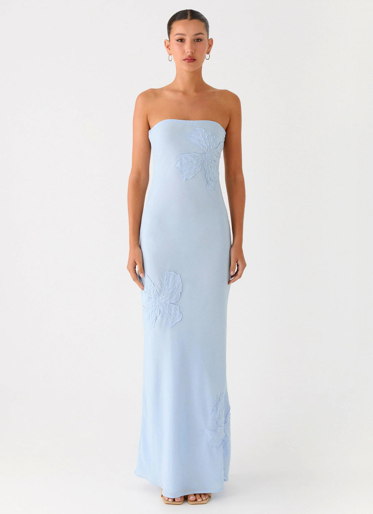 Sassafras Beaded Flower Strapless Maxi Dress Blue