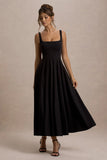 Parina Black Strappy Volume Hem Midi Dress