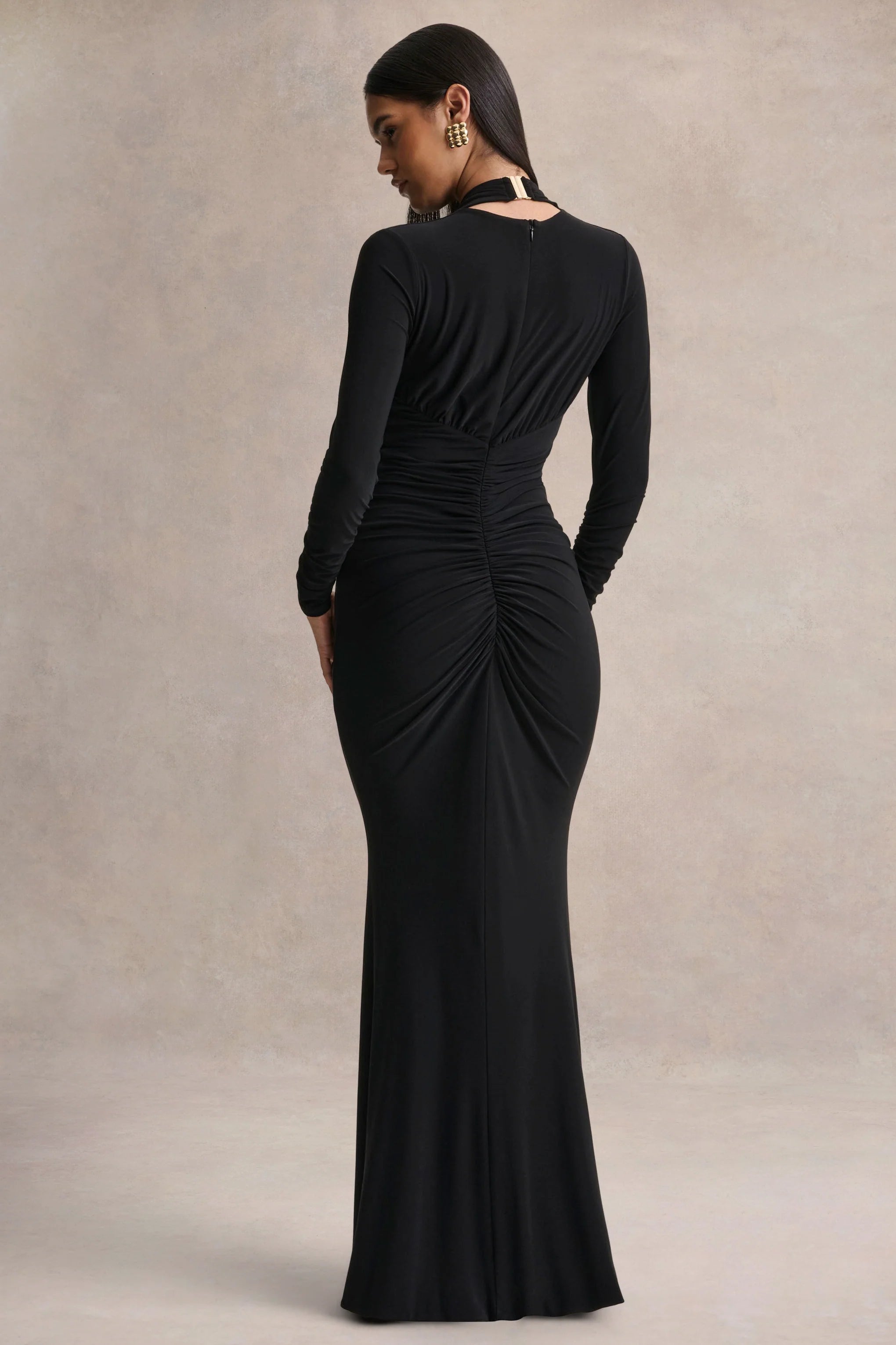 Tami Black Plunge Neck Long Sleeve Maxi Dress