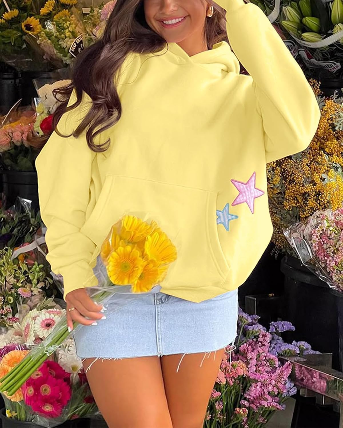 Women Cute Hoodies Oversized Y2k Star Patch Fleece Sweatshirt Pastel Hoodie for Teen Girls