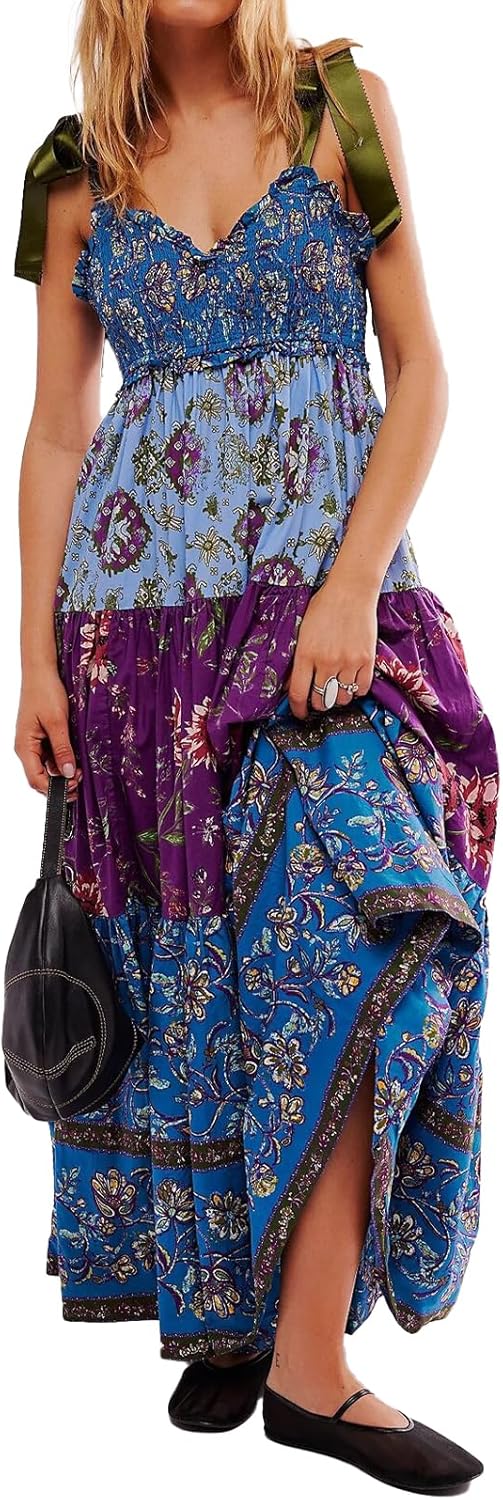 Women Floral Maxi Dress Tie Shoulder Patchwork Smocked Flowy Boho Dress with Pockets Summer Vacation Sundress