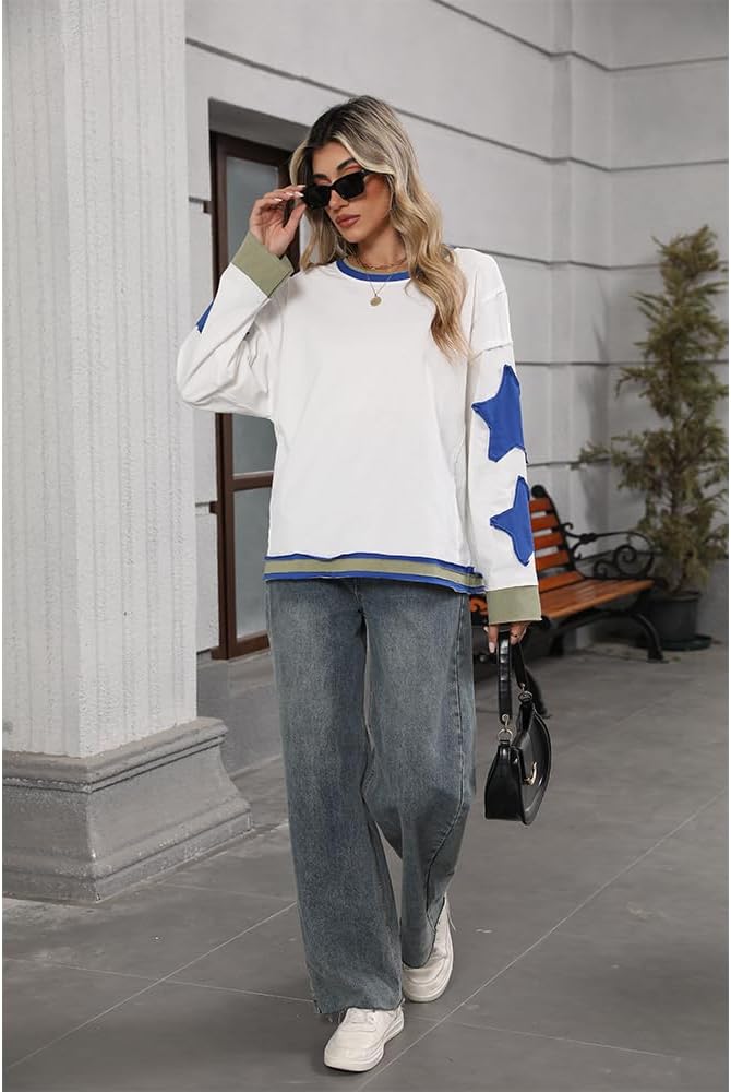 Women Oversized Sweatshirt Star Graphic Drop Shoulder Sloutchy Fit Pullover Tops Y2k Long Sleeve Shirt