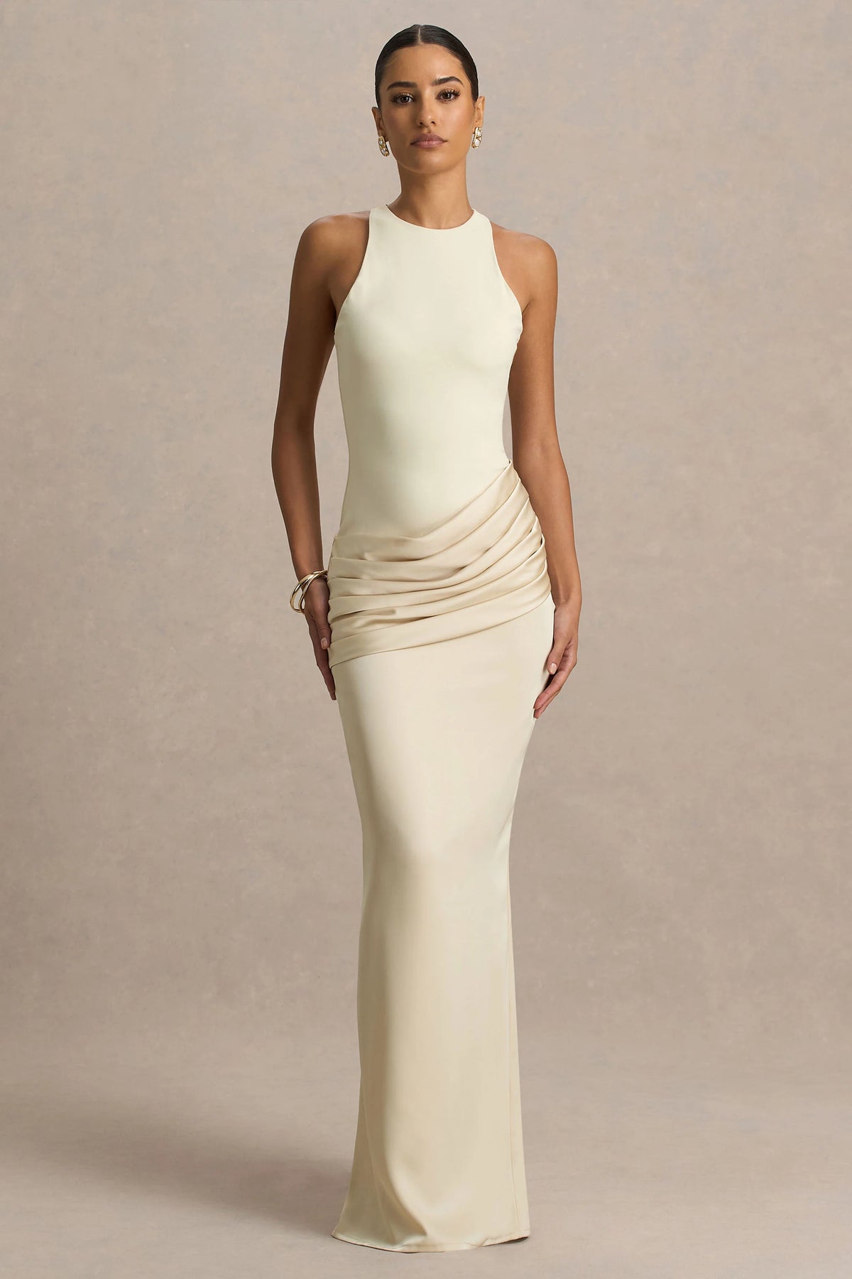 Akari Cream Crew Neck Maxi Dress With Satin Skirt
