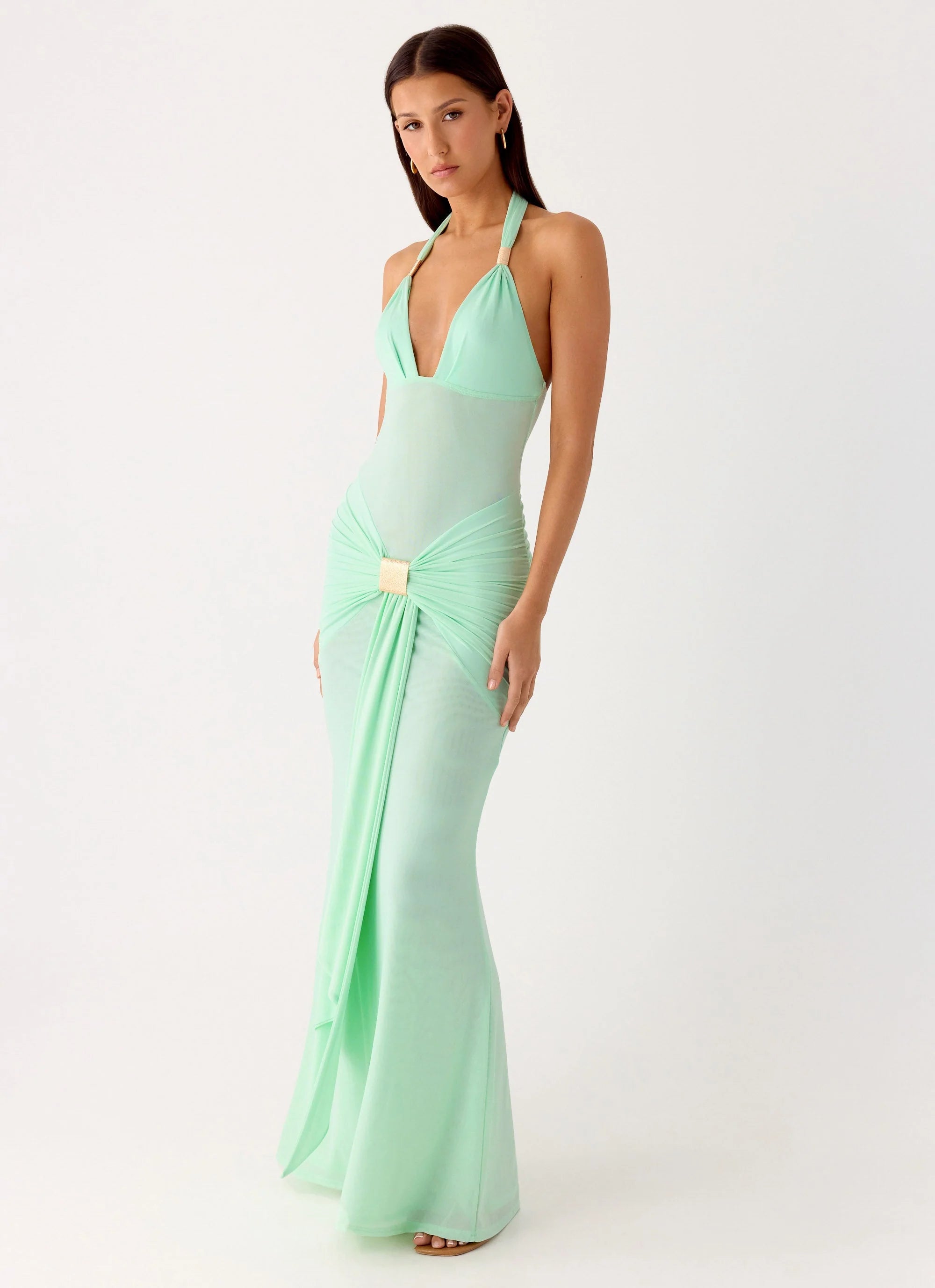 Miyah Halter Hardware Maxi Dress Mint Blue