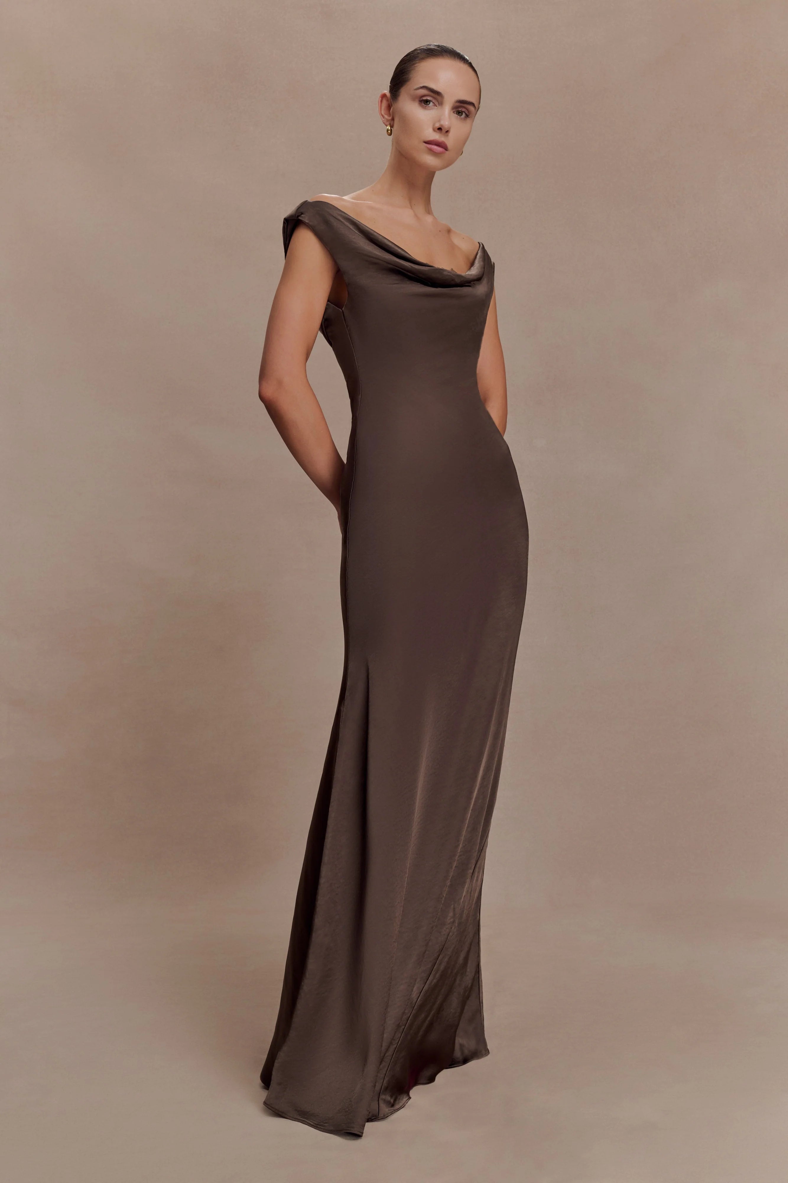 Ashley Cowl Neck Lace And Satin Maxi Dress Mocha