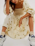 Women Floral Embroidered Maxi Dress Long Puff Sleeve Square Neck Bohemian Flowy Dress with Pockets Summer Fall