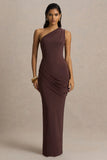 Elisa Brown Asymmetric Neck Maxi Dress With Open Back And Ruched Detailing
