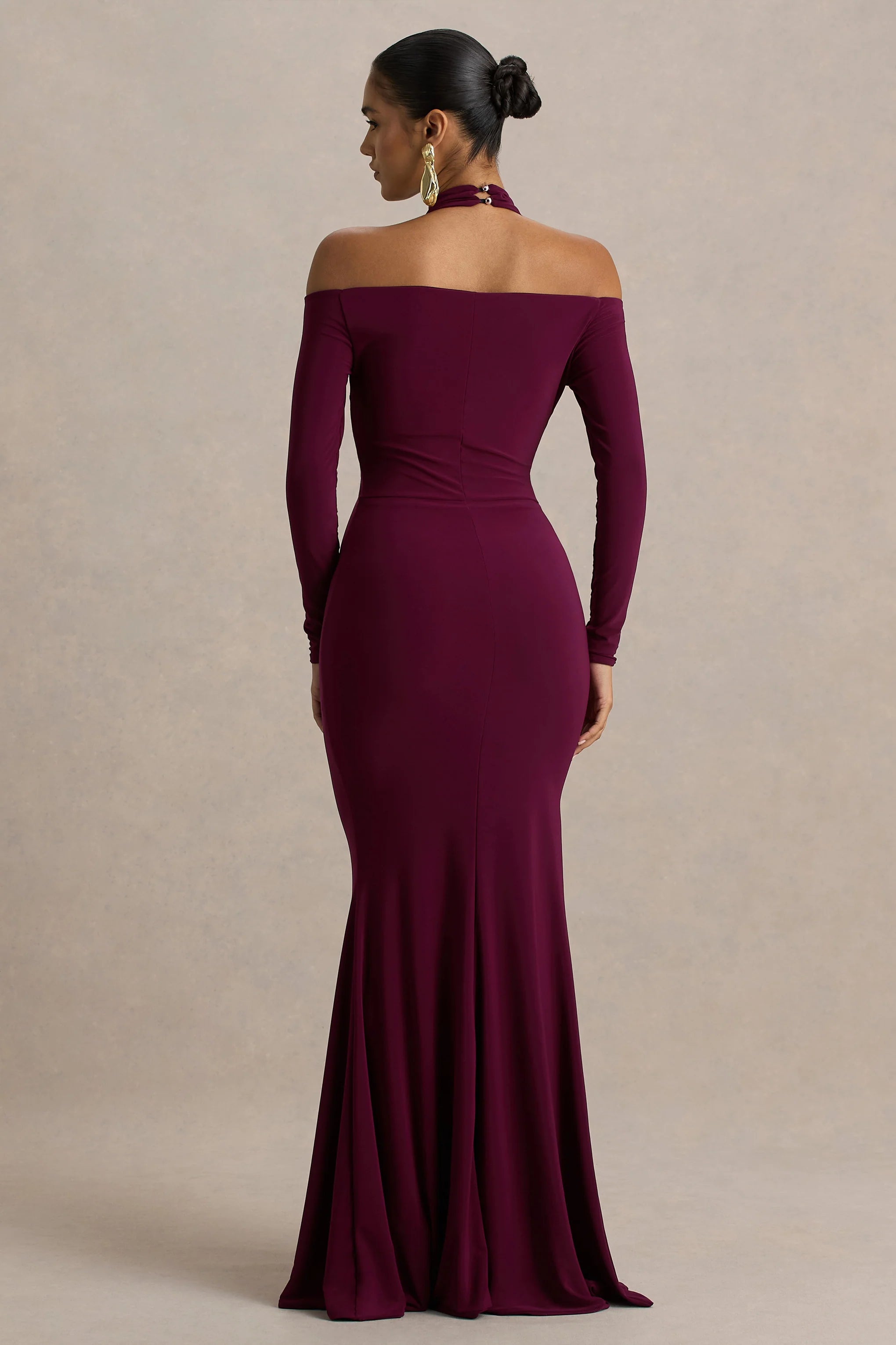 Living High Burgundy Halter Neck Maxi Dress With Long Sleeves