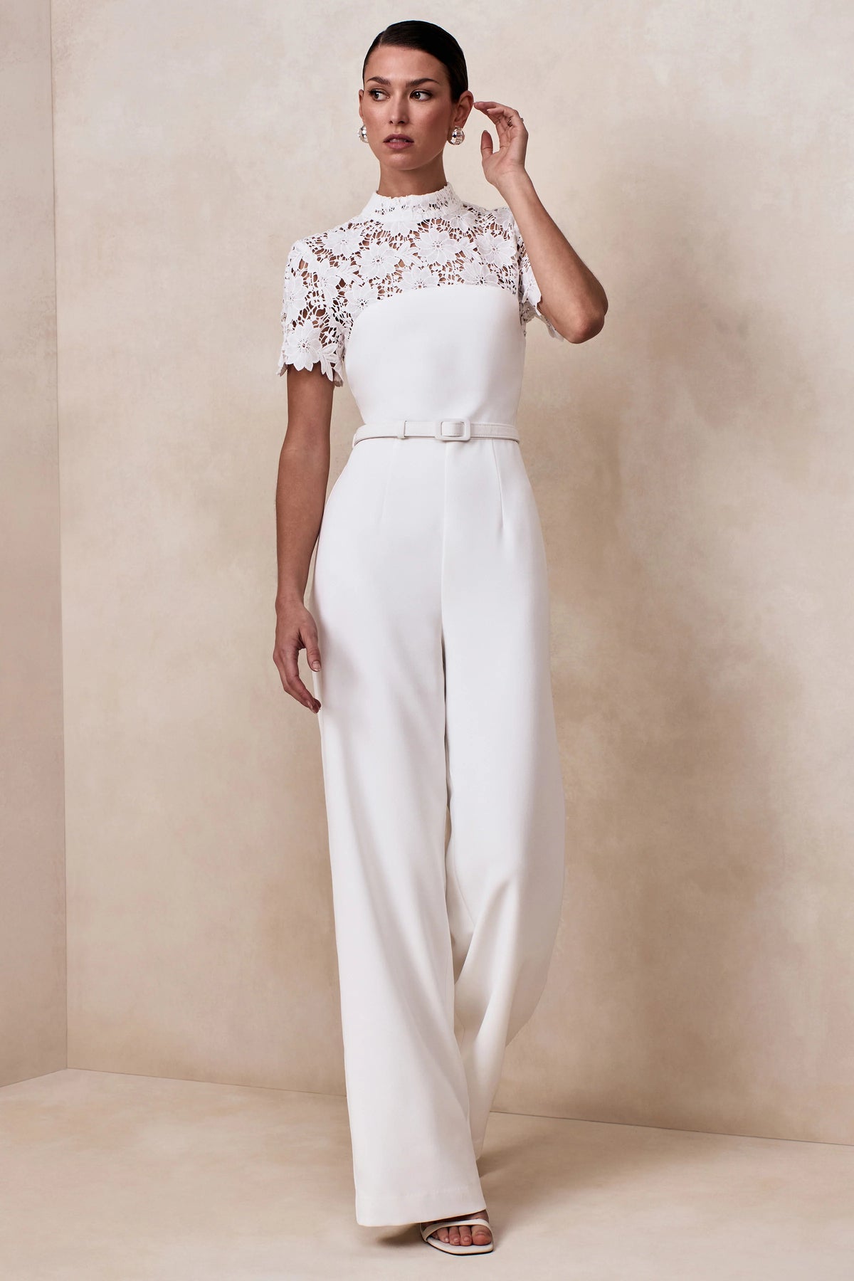 Liliana White High Neck Jumpsuit With Lace Detailing