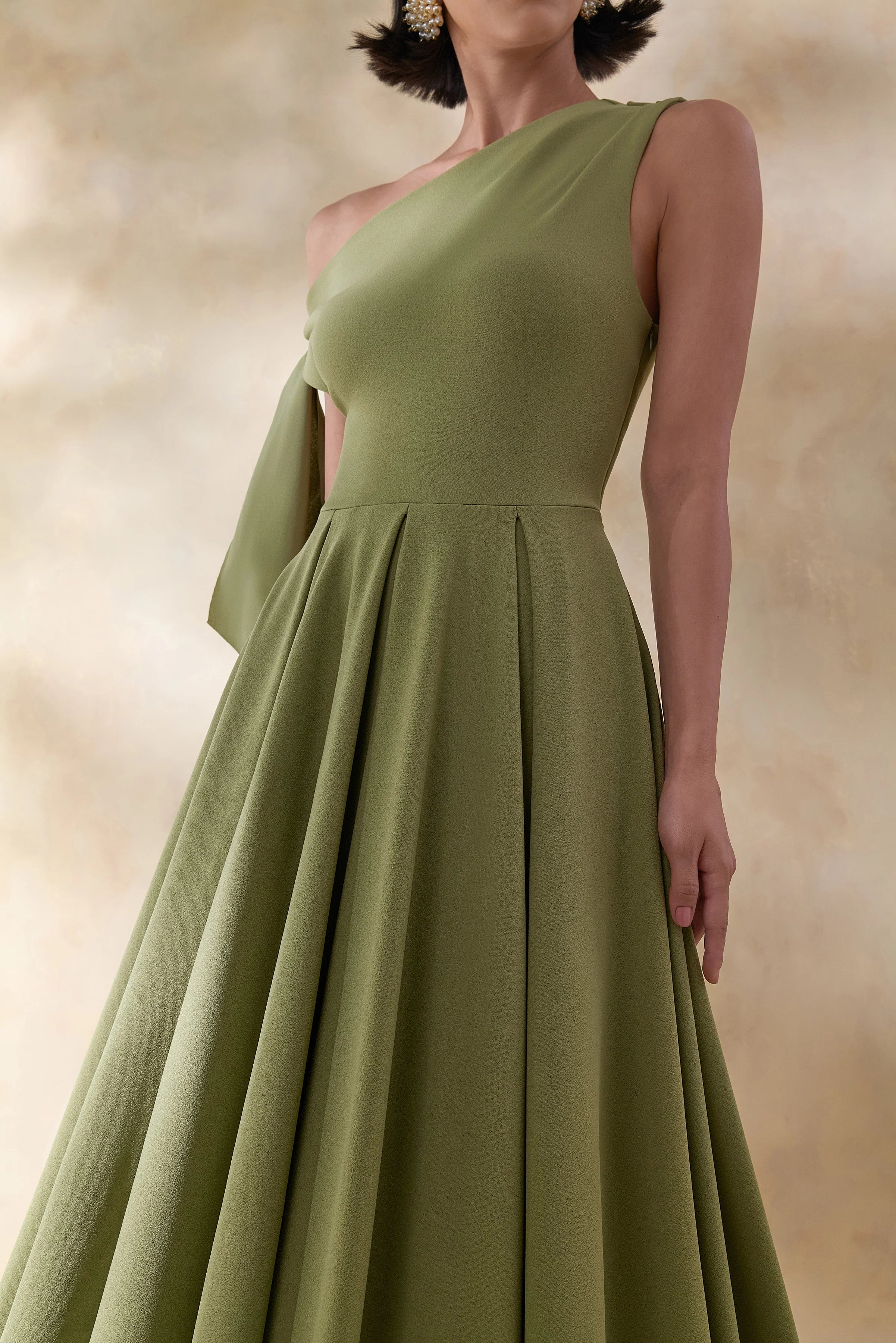 Daring Olive Asymmetric Neck Midi Dress With Knot Detail
