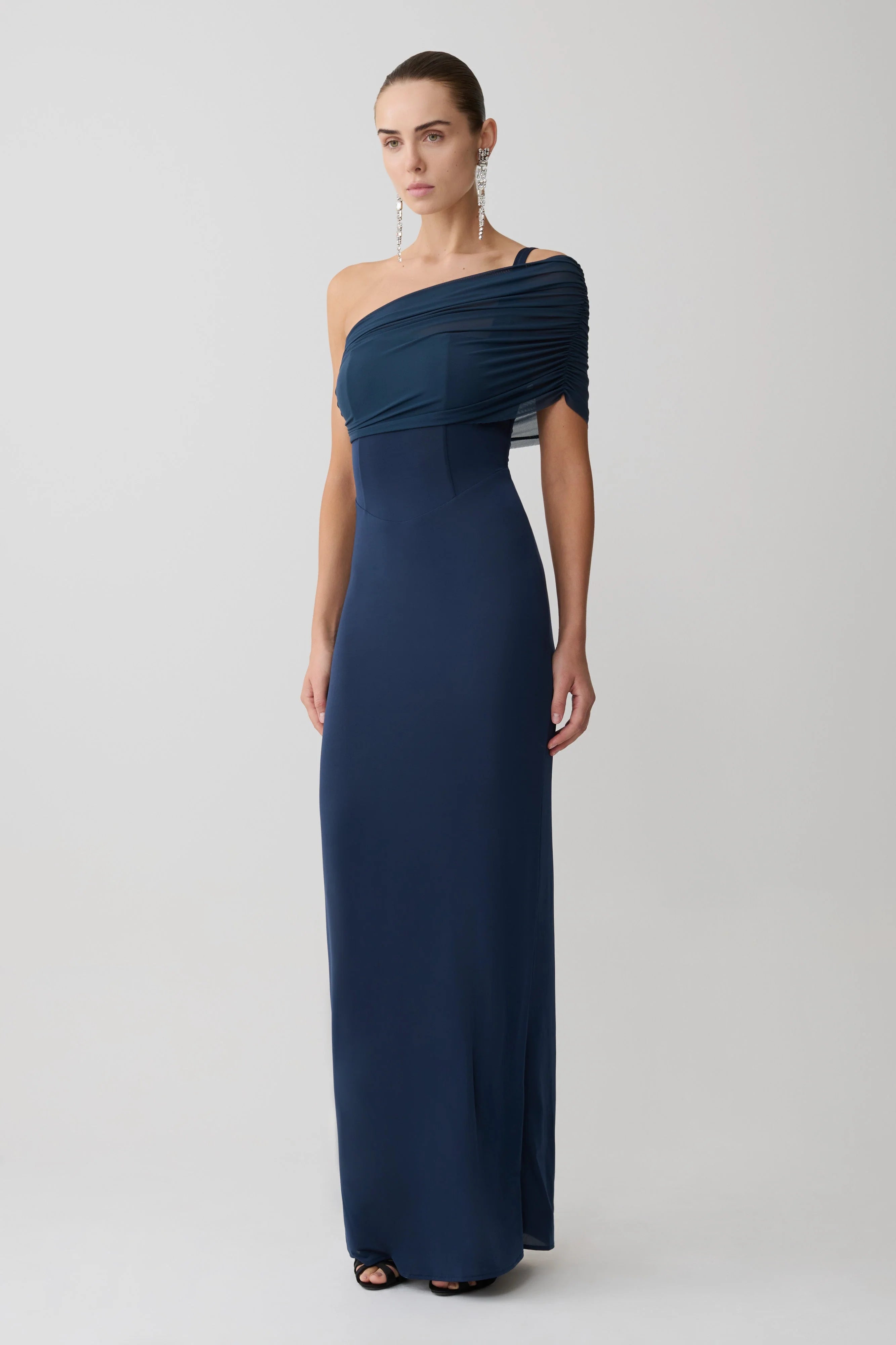 Hanh One Shoulder Mesh Maxi Dress Ink Blue
