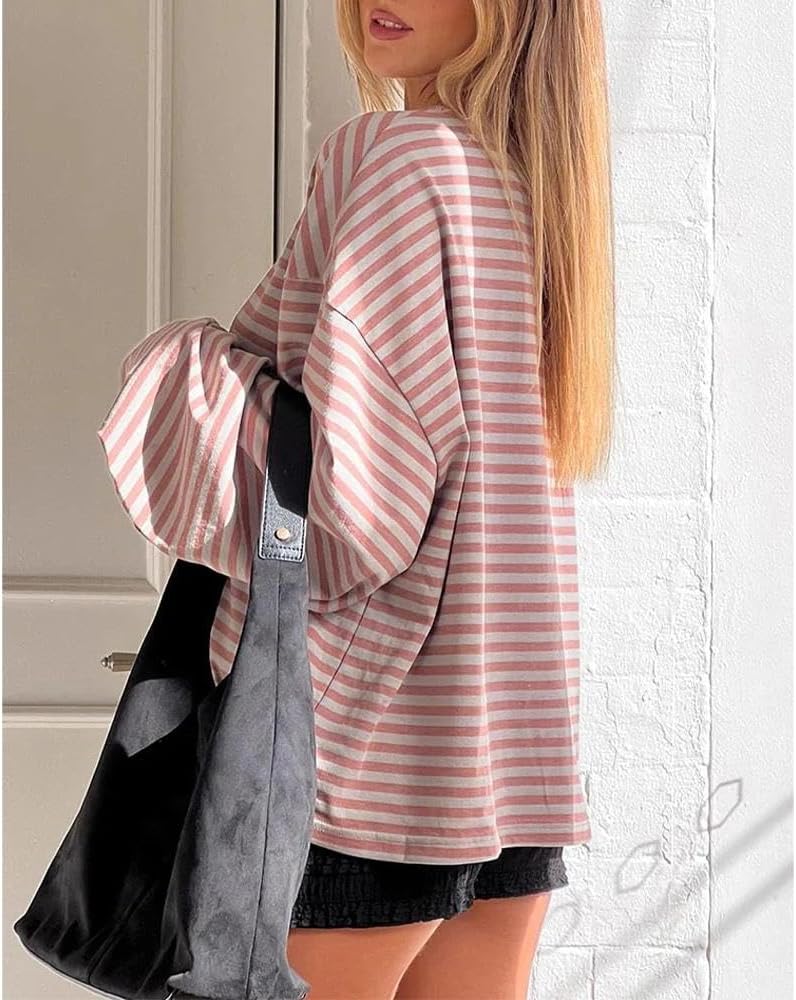 Women Striped Long Sleeve Shirt Crewneck Cropped Pullover Top Fall Winter Vintage Sweatshirt Streetwear