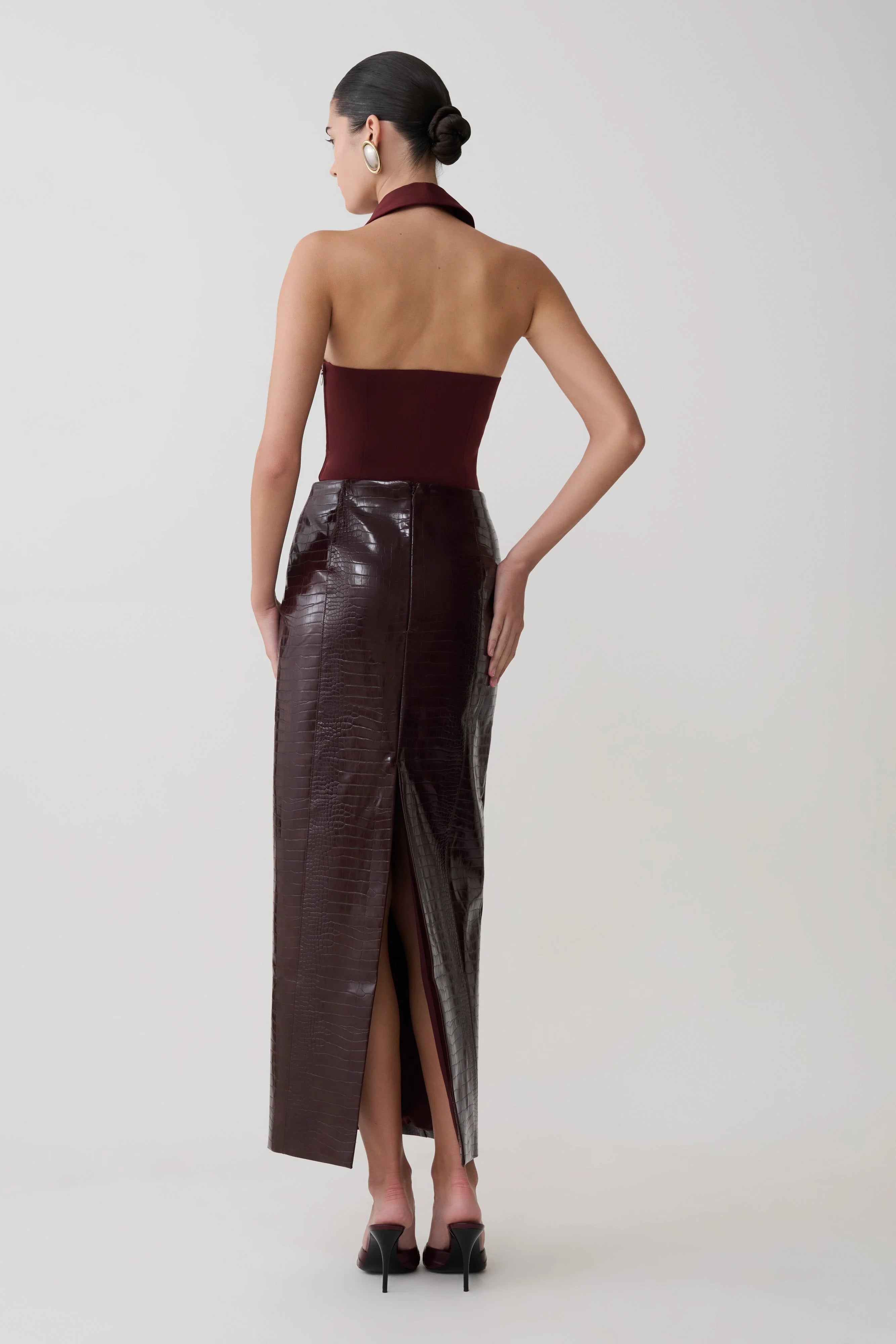 Thalia Croc Faux Leather Midi Skirt Merlot
