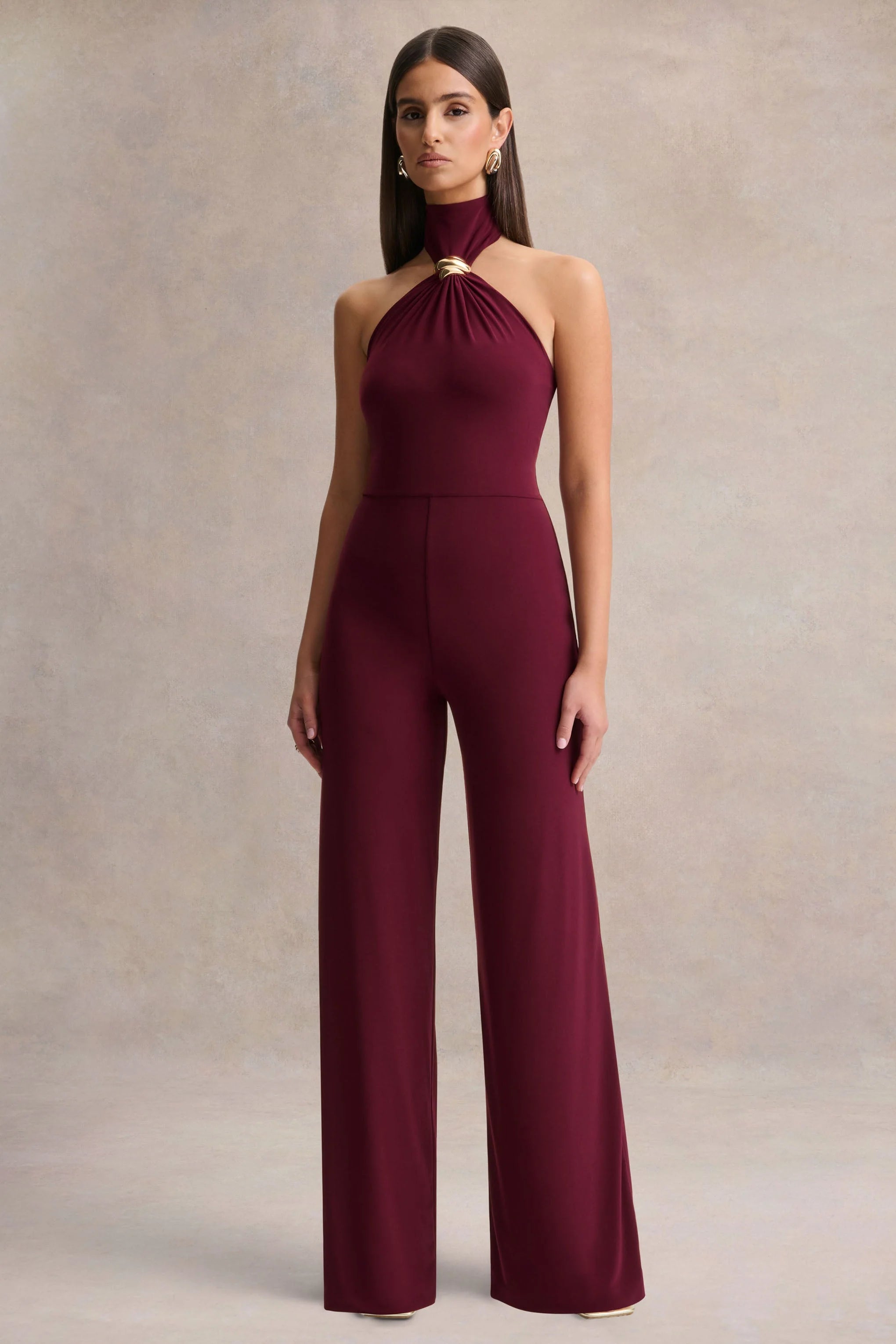 Gwen Burgundy High Neck Jumpsuit With Gold Detail
