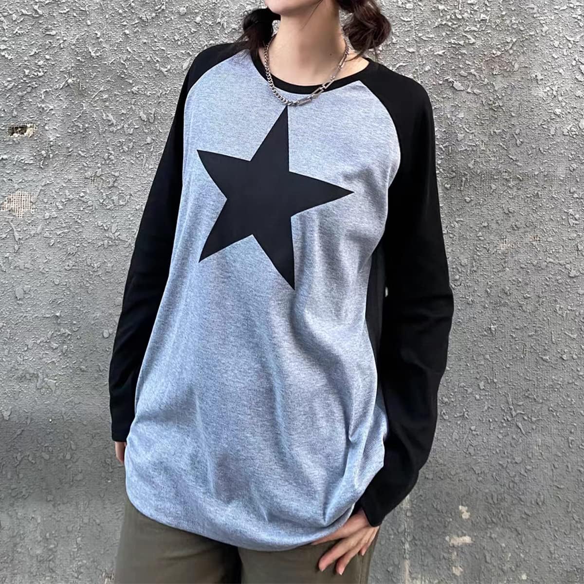 Women Star Shirt Y2k Tops Vintage Aesthetic Patchwork Long Sleeve Tee Shirts 90s Grunge Clothes