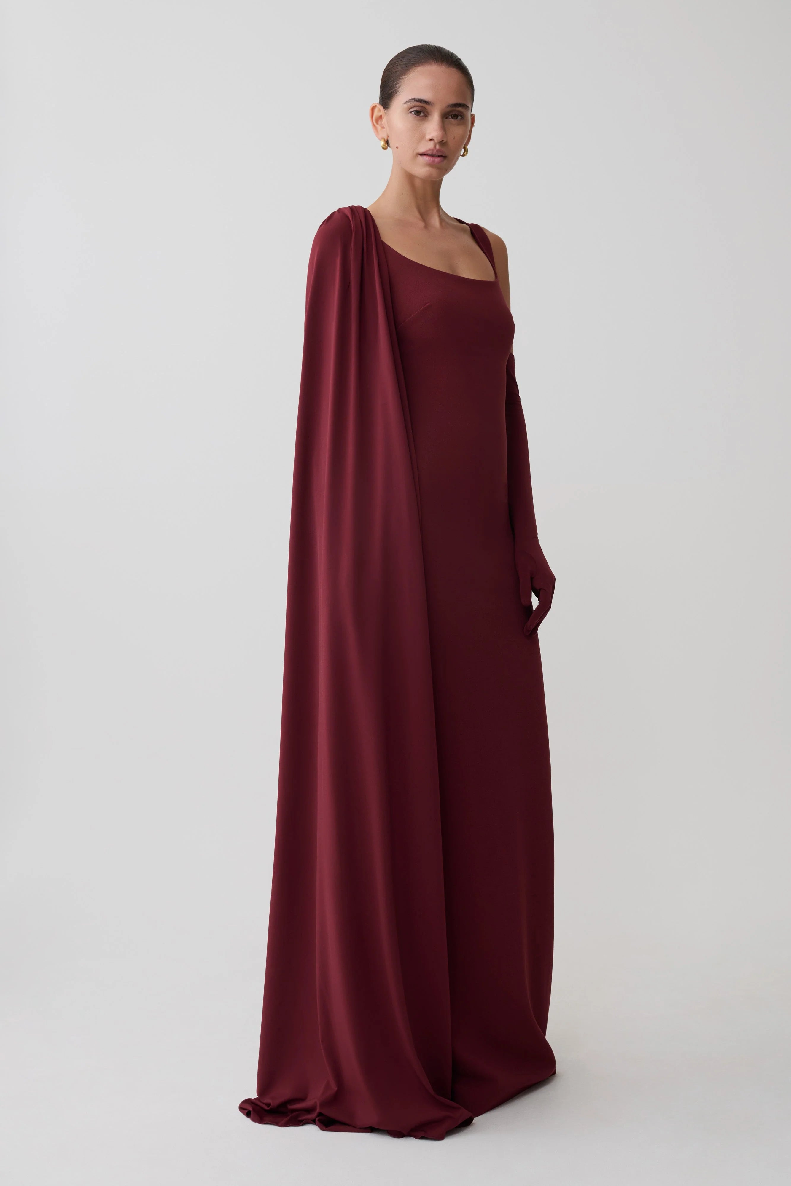 Rhea Detachable Cape Jersey Maxi Dress Wine
