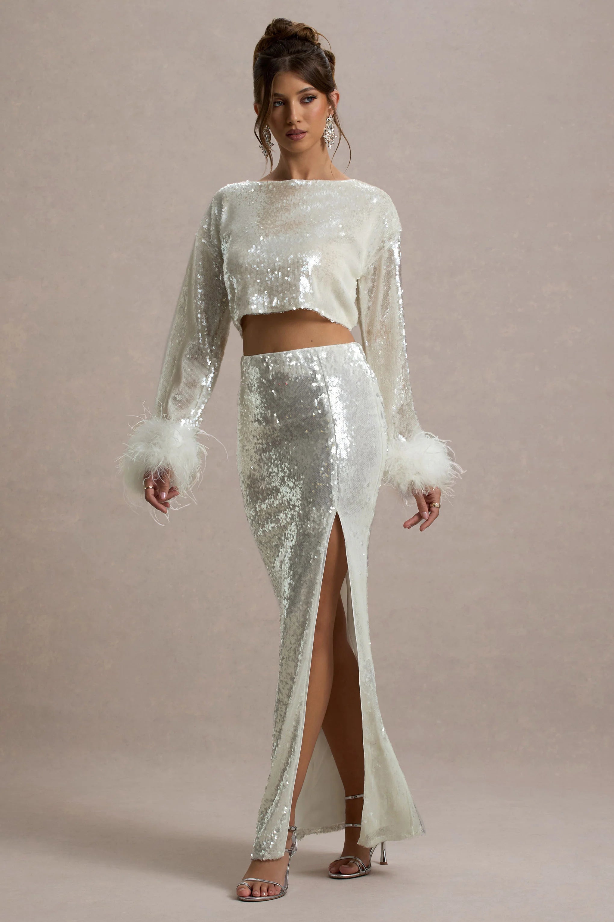 Raia Sand Sequin Split Maxi Skirt
