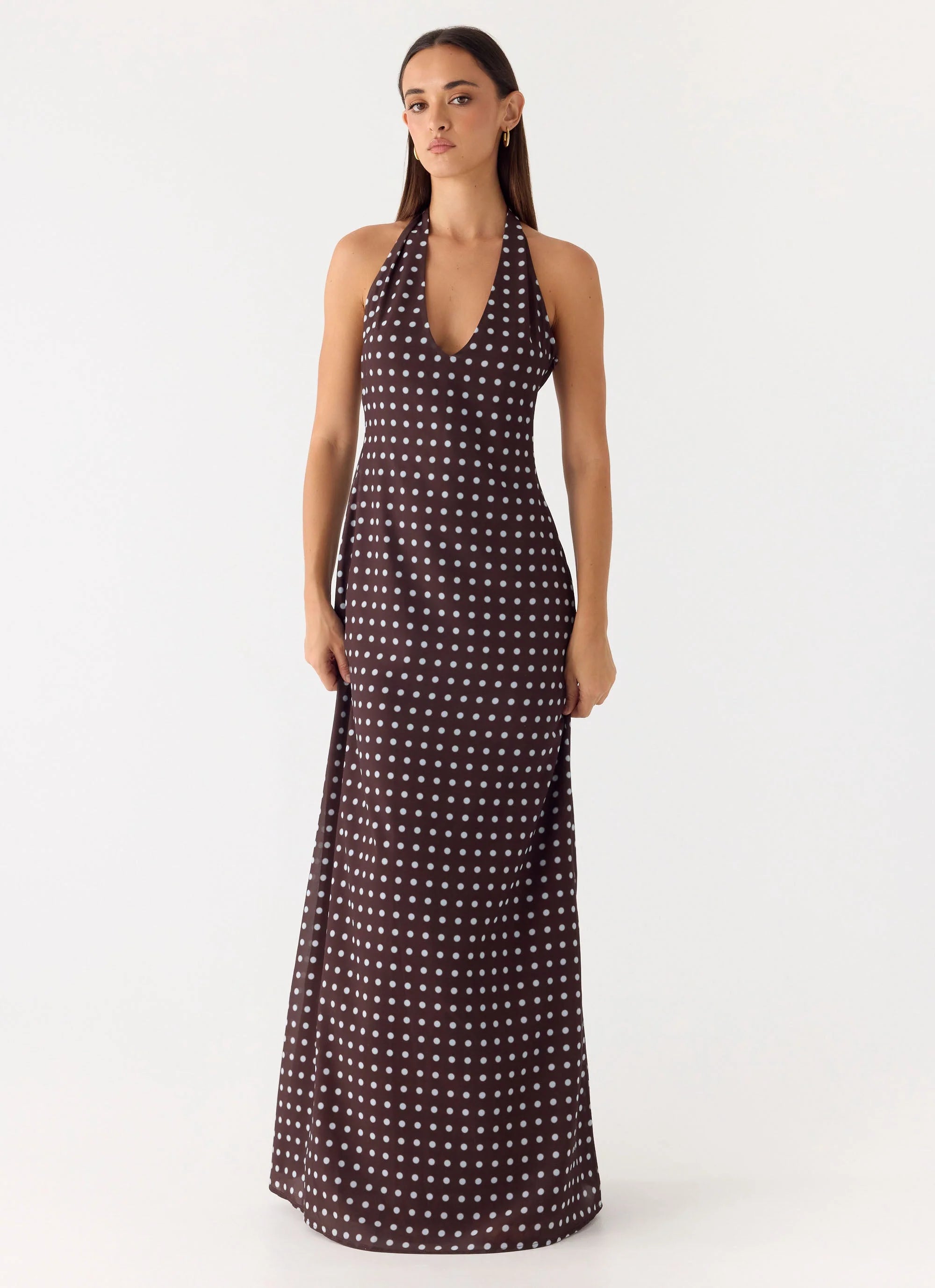 Float Away Maxi Dress Chocolate Blue Dot