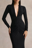 Tami Black Plunge Neck Long Sleeve Maxi Dress