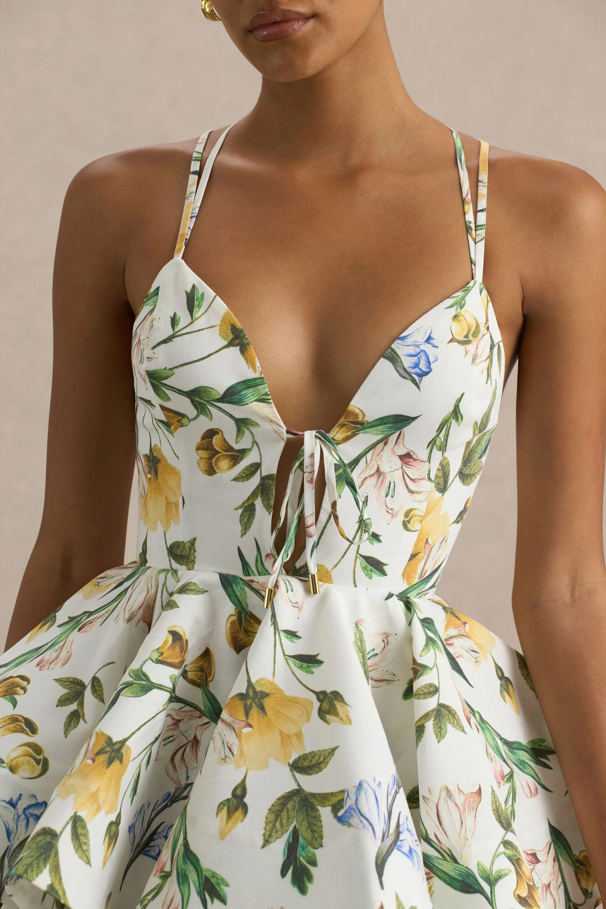 Flavia Lemon Floral Print Plunge Neck Ruffled Skater Micro Mini Dress