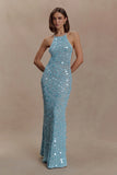 Carmen Crochet Sequin Maxi Open Back Dress Blue
