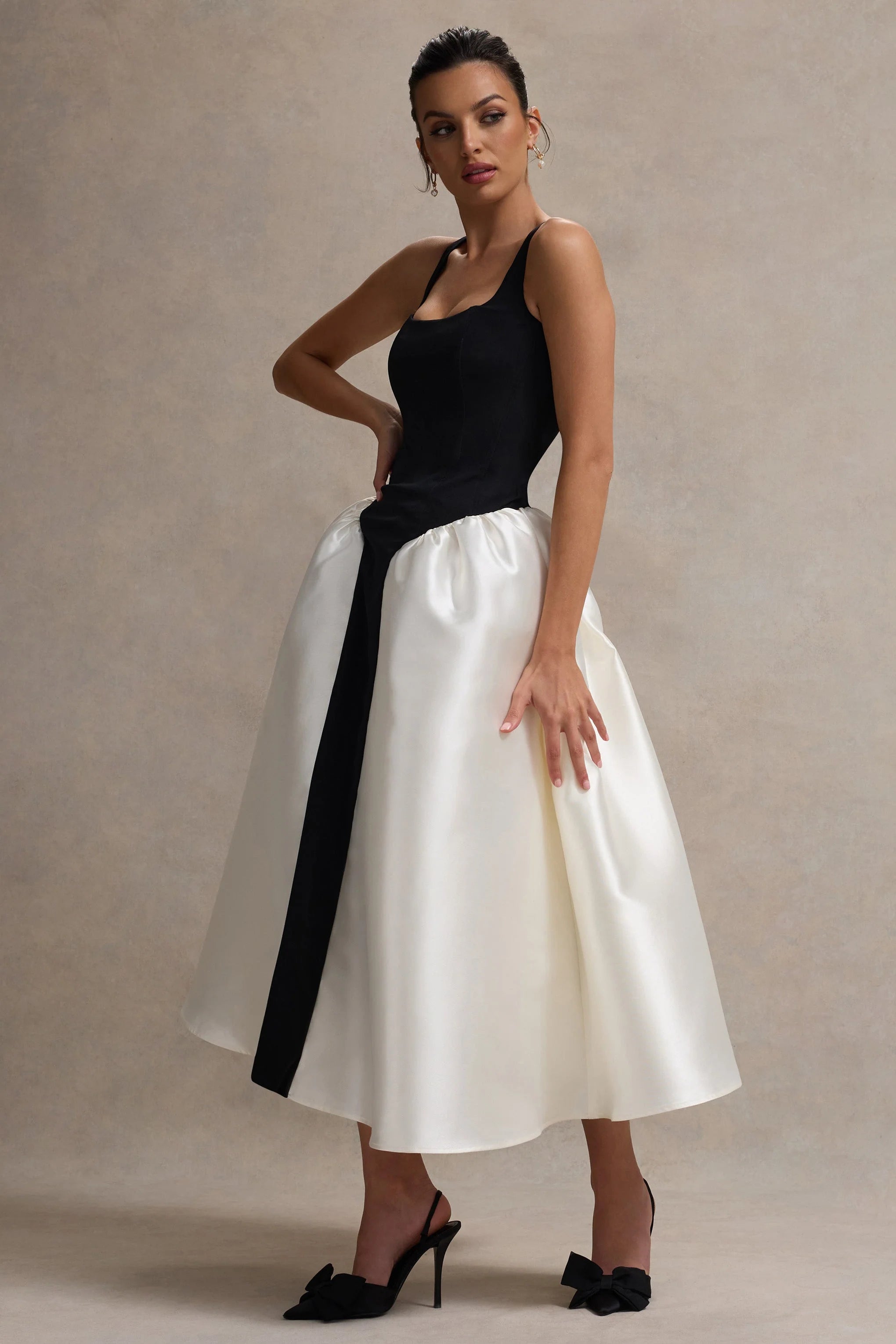 Christie Black and Cream Scoop Neck Midi Dress With Volume Skirt