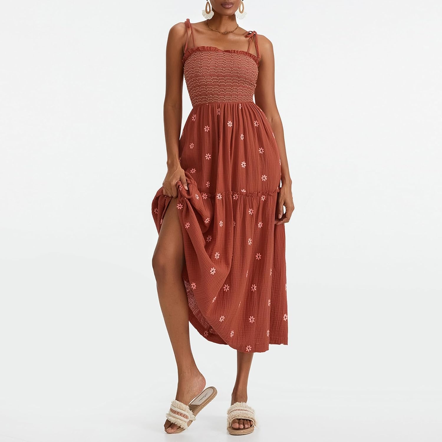 Women Floral Embroidered Maxi Dress Sleeveless Tie Shoulder Smocked Flowy Dress Boho Summer Sundresses with Pockets