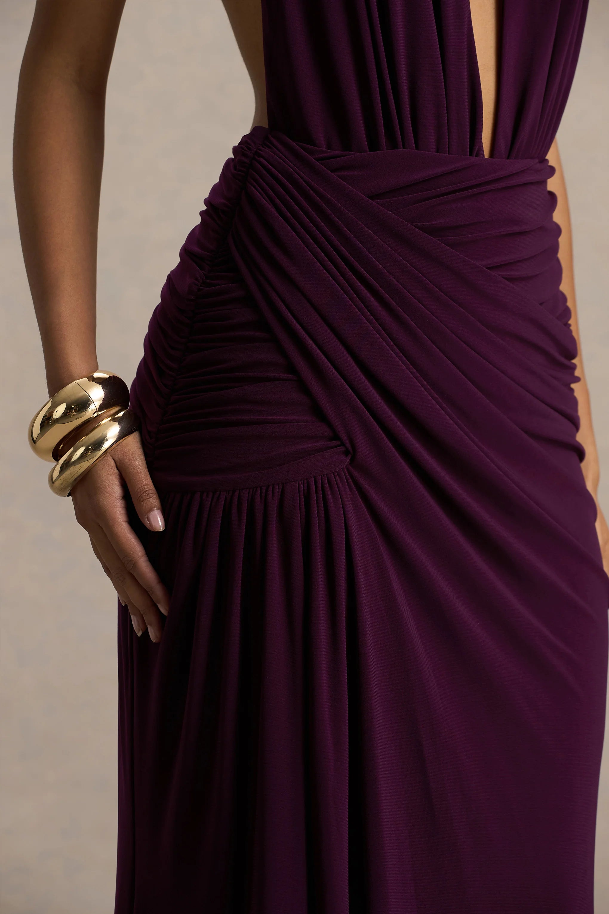 Tilly Burgundy Extreme Plunge Neck Maxi Dress With Wrap And Ruched Details
