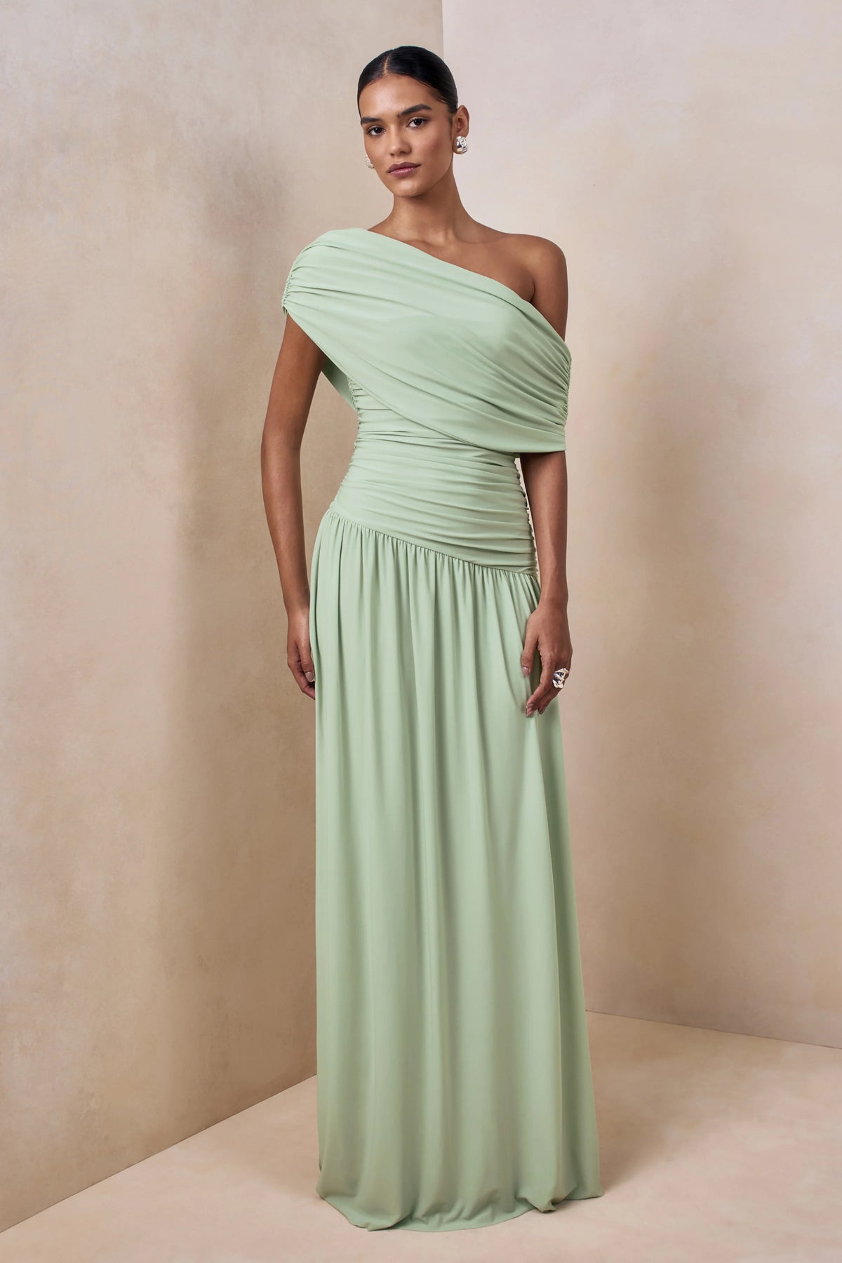 Emberly Green Draped Asymmetric Neck Maxi Dress With Drop Waist