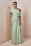 Emberly Green Draped Asymmetric Neck Maxi Dress With Drop Waist