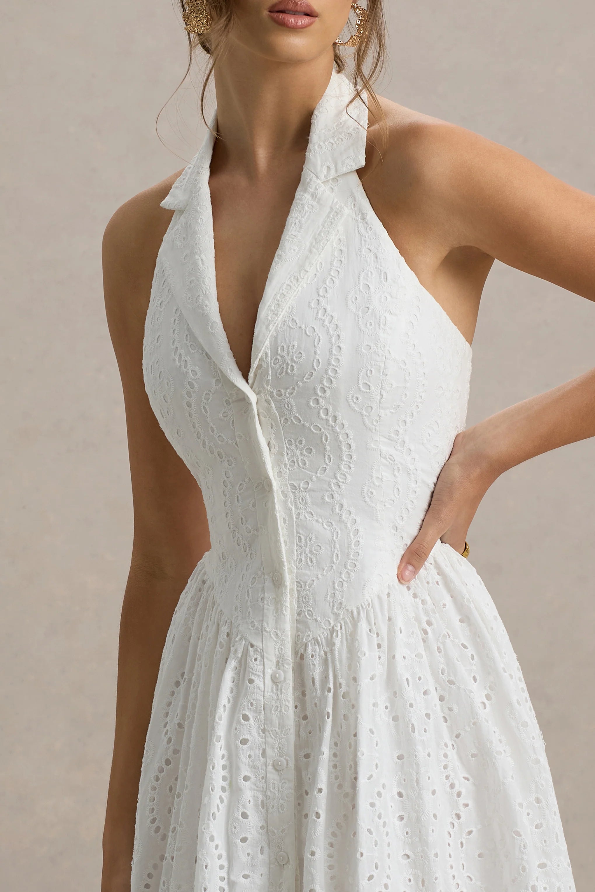 Jezebel White Lace Plunge Neck Collared Midi Dress