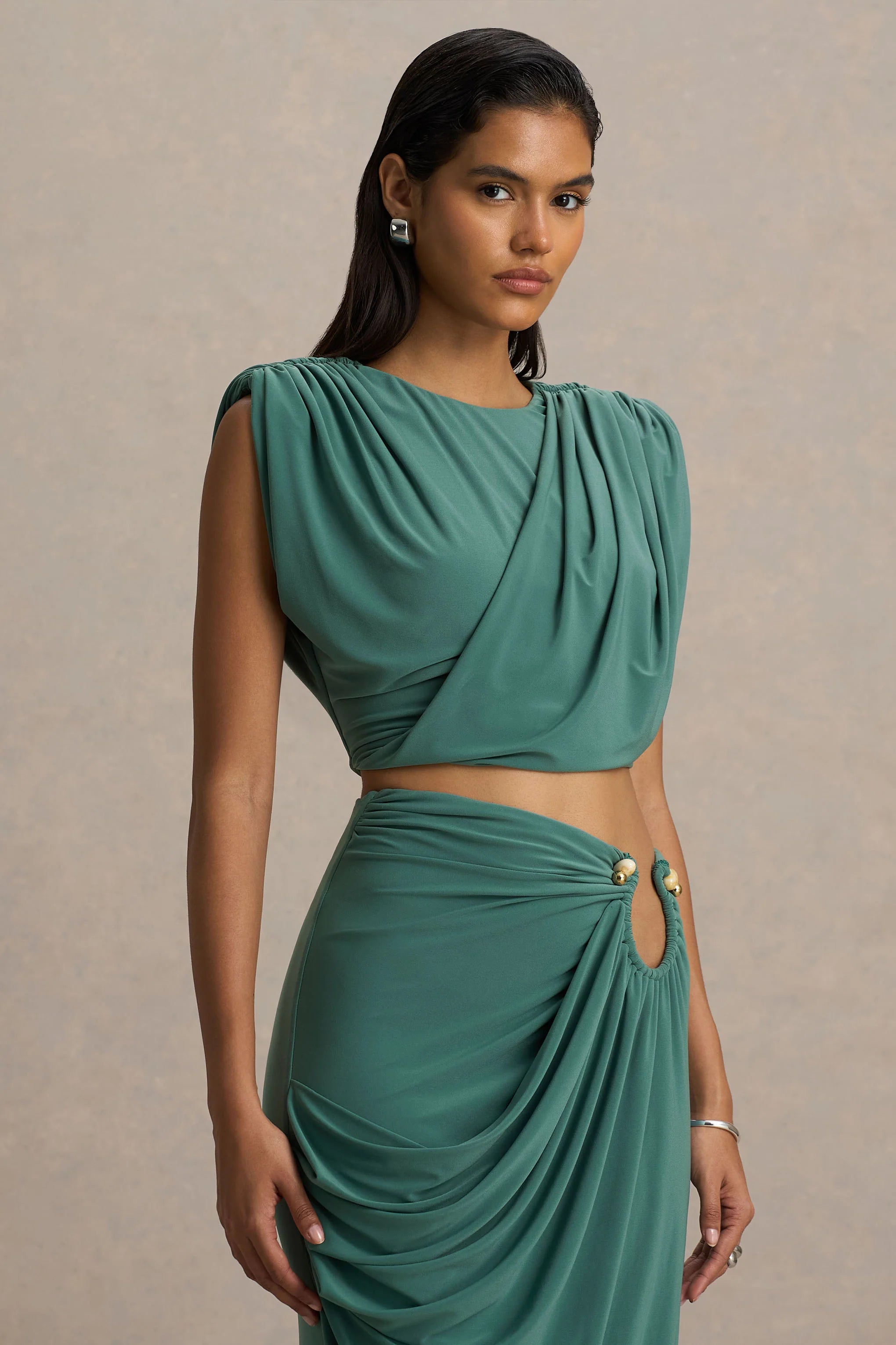 Tilda Green Crew Neck Crop Top With Ruched Detailing