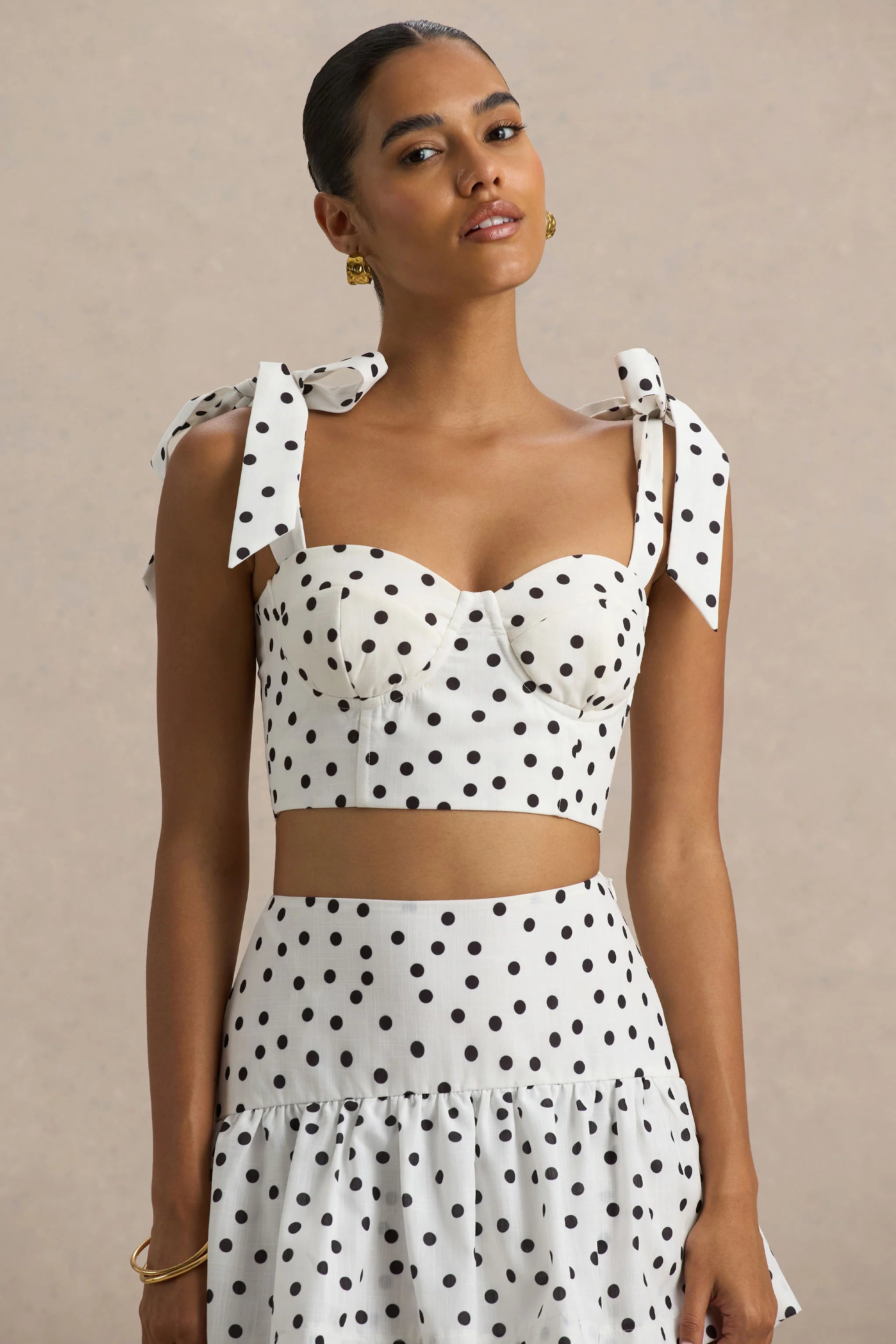 Lumen White Polka Dot Corset Sweetheart Top With Bow Straps