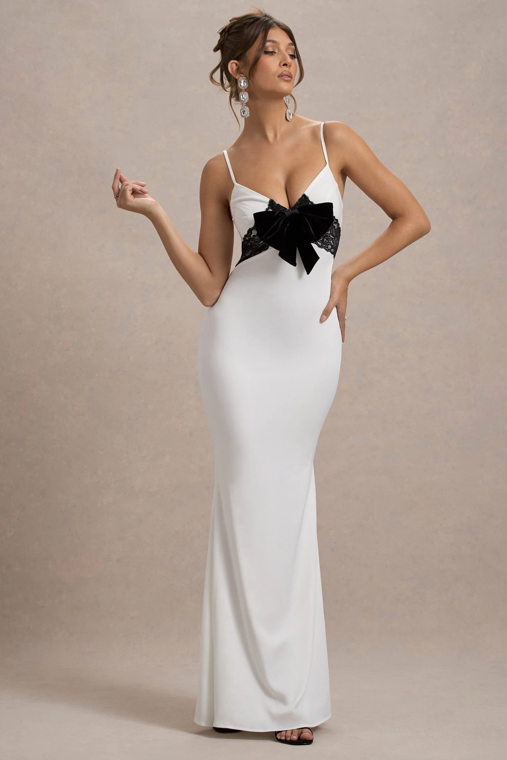 Rumi White Satin Strappy Maxi Dress With Velvet Bow